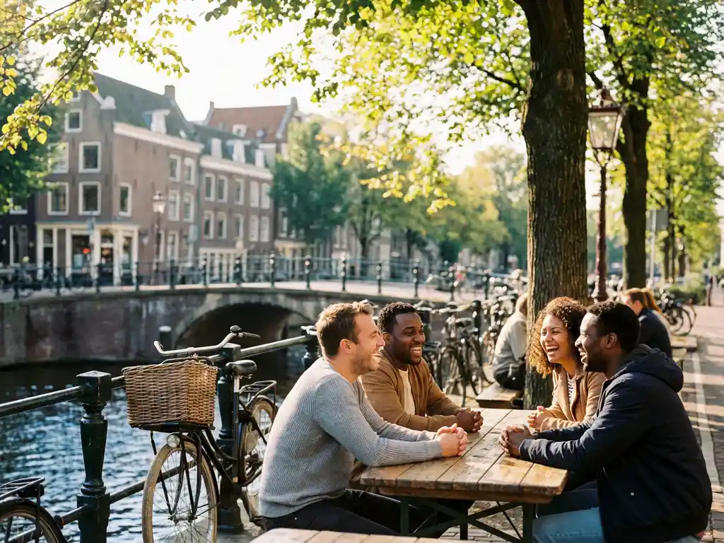 Expats laughing together at a canal-side café terrace in the Netherlands, bicycles by iron railings, warm afternoon sunlight through linden trees.