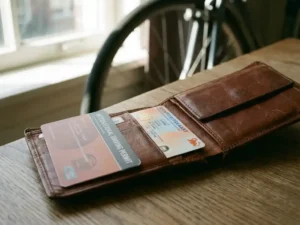 Foreign driving licence and Dutch ID card on a leather wallet, with a bicycle wheel softly blurred in the background.