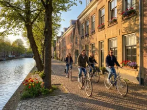 Friends cycling along a Dutch canal path beside brick row houses with flower-filled windowsills and tulips in warm afternoon sunlight.