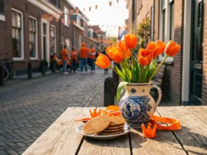 Orange tulips, stroopwafels, and a Delft blue ceramic vase on a rustic wooden table during Dutch King's Day celebrations.