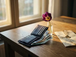 Open leather wallet with fanned euro banknotes and official document on oak desk, Dutch tulip in glass vase, warm afternoon light.
