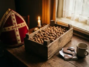 Wooden crate overflowing with pepernoten beside a red bishop's mitre and chocolate letter on a rustic Dutch table, lit by warm candlelight.