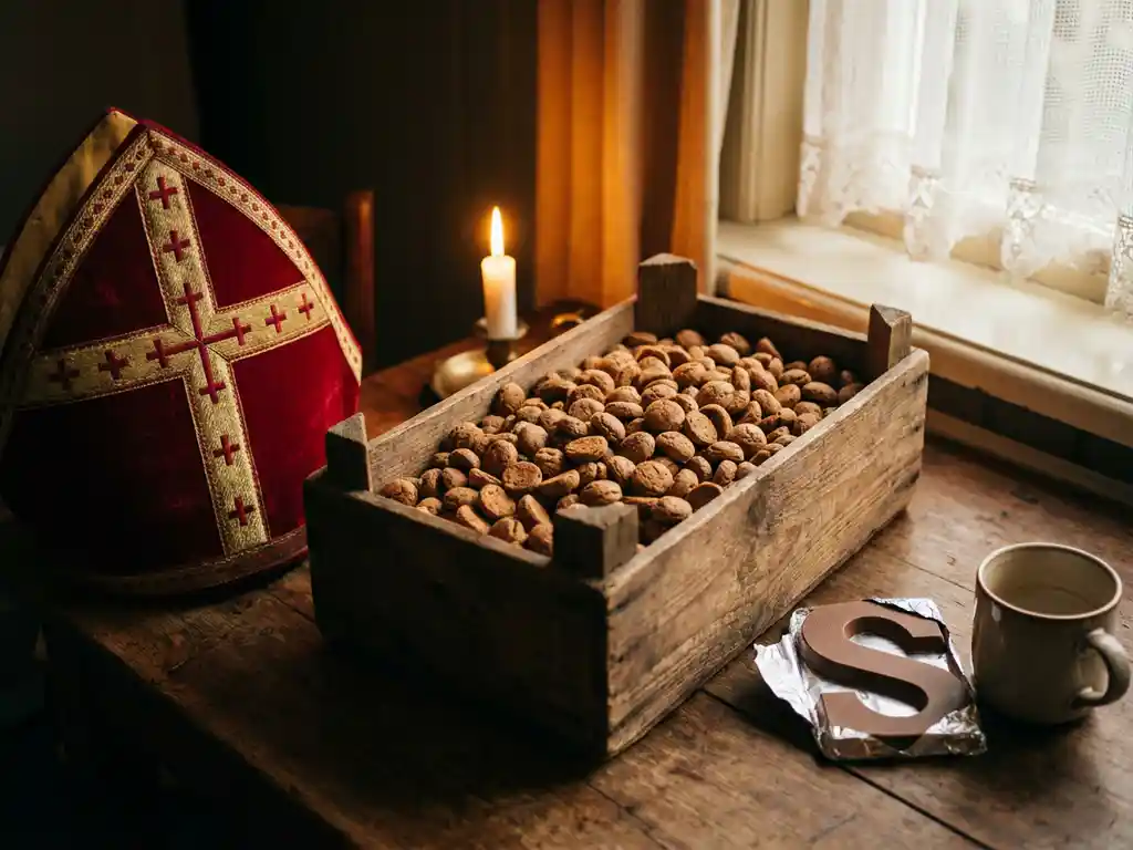 Wooden crate overflowing with pepernoten beside a red bishop's mitre and chocolate letter on a rustic Dutch table, lit by warm candlelight.