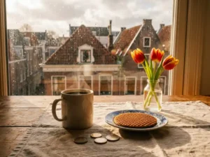 Stroopwafel, tulips, and euro coins beside a steaming coffee mug on a Dutch kitchen table, canal houses visible through a rain-speckled window.