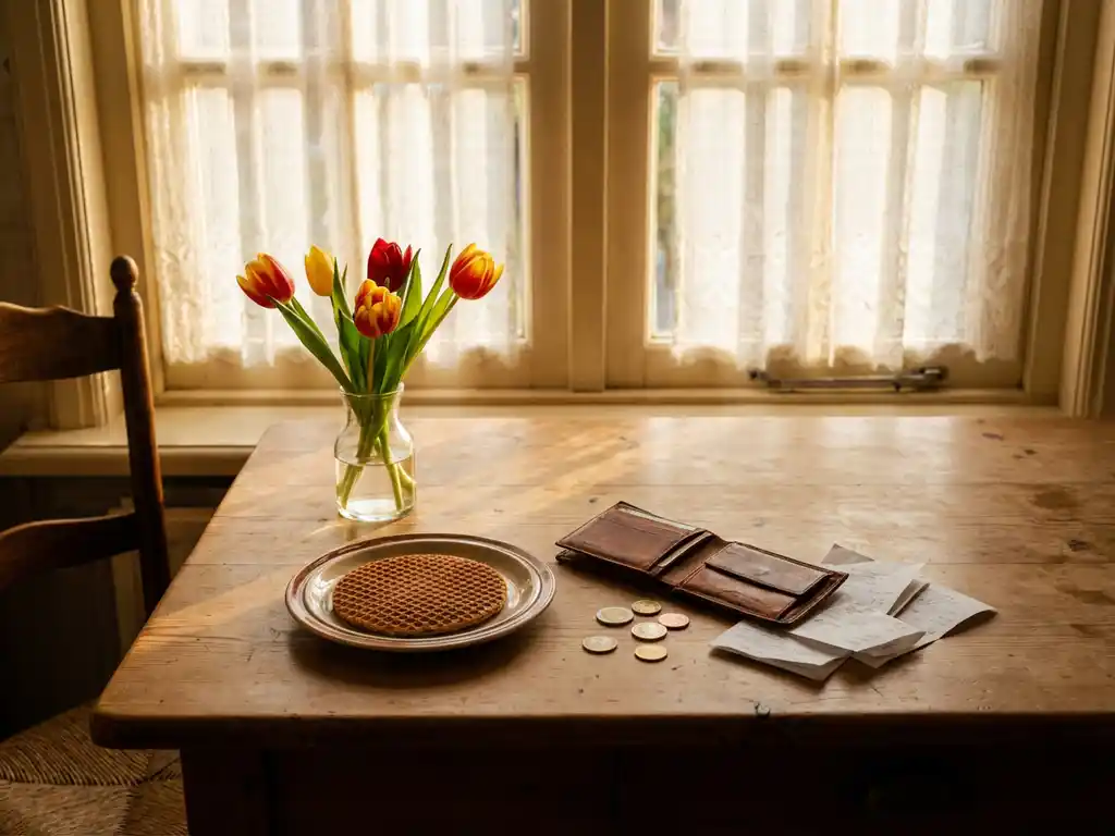 Dutch kitchen table with stroopwafel, tulips, open leather wallet, euro coins, and receipts in warm afternoon light.