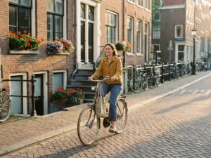 Woman cycling on a cobblestone Dutch street lined with brick row houses and flower boxes in warm afternoon sunlight.
