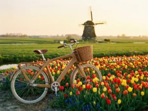 Wooden bicycle leaning against vibrant red and yellow tulip fields with a Dutch windmill in the soft background.