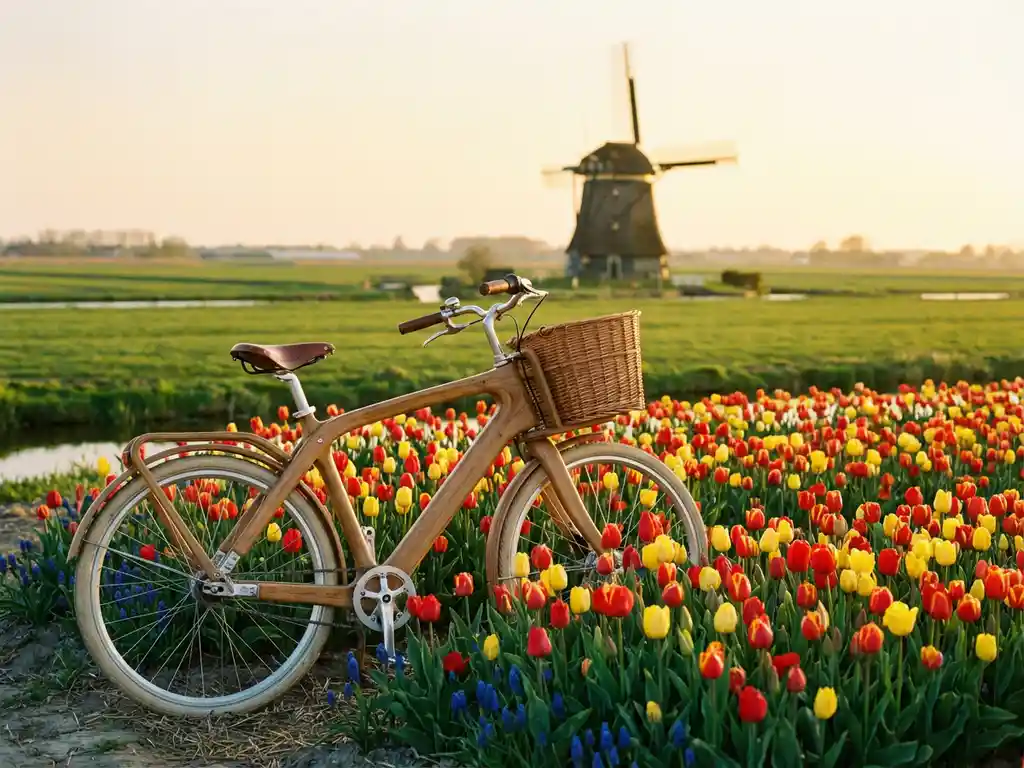 Wooden bicycle leaning against vibrant red and yellow tulip fields with a Dutch windmill in the soft background.