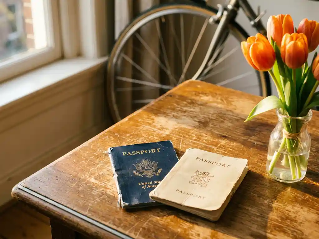 American and Dutch passports side by side on a rustic wooden table with orange tulips and a blurred bicycle wheel in warm afternoon light.
