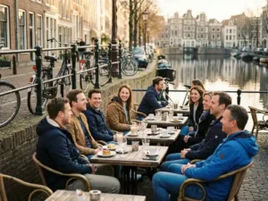 American expats socializing at a sunlit Amsterdam canal-side café terrace with bicycles, gabled Dutch row houses reflected in still water.