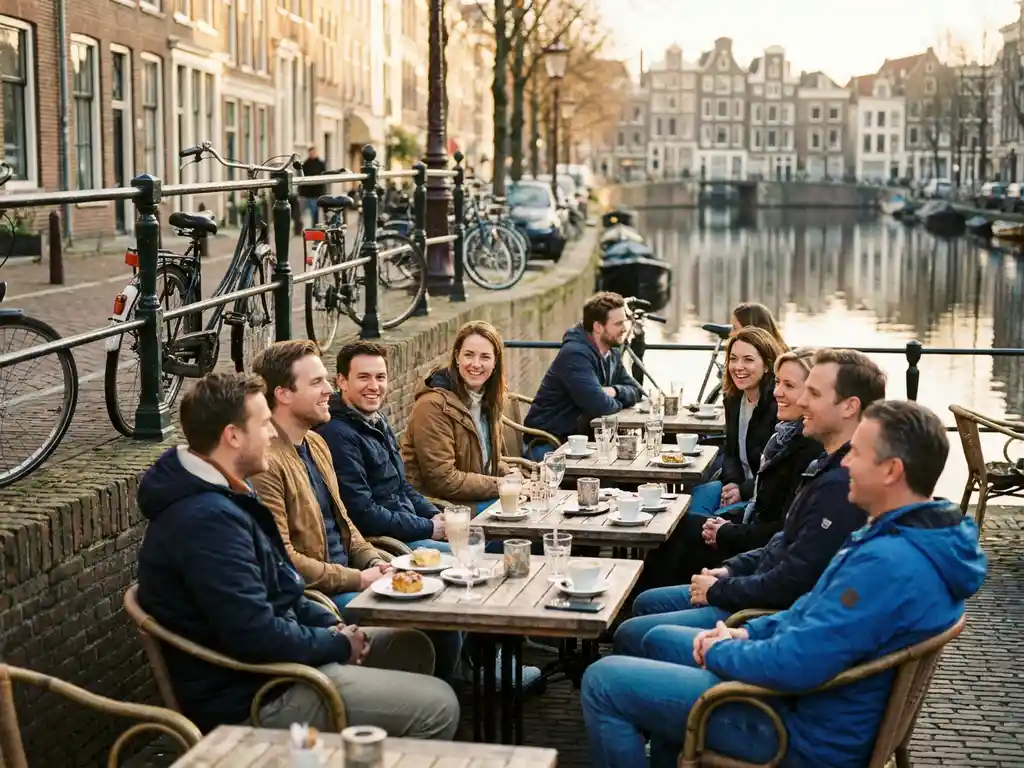 American expats socializing at a sunlit Amsterdam canal-side café terrace with bicycles, gabled Dutch row houses reflected in still water.