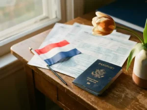 Worn American passport beside a Dutch tulip on a wooden desk with tax documents and a small Dutch flag in warm afternoon light.