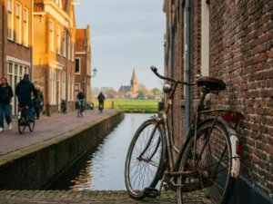 Weathered bicycle leaning against a canal-side brick wall in Amsterdam, with a village church and green polder visible in the golden afternoon light.