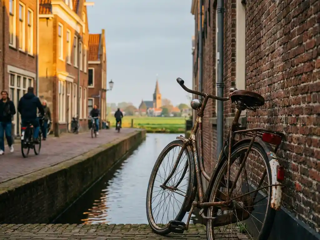 Weathered bicycle leaning against a canal-side brick wall in Amsterdam, with a village church and green polder visible in the golden afternoon light.