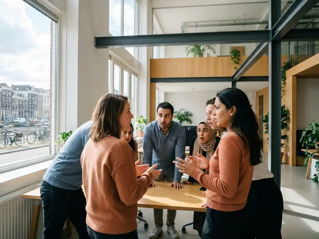 Diverse colleagues in a bright Dutch open-plan office, one person speaking candidly while others listen with surprised expressions, large windows behind them.