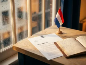 Dutch 30% ruling tax document on oak desk beside a small Dutch flag and open leather notebook, warm afternoon light through rain-streaked window.