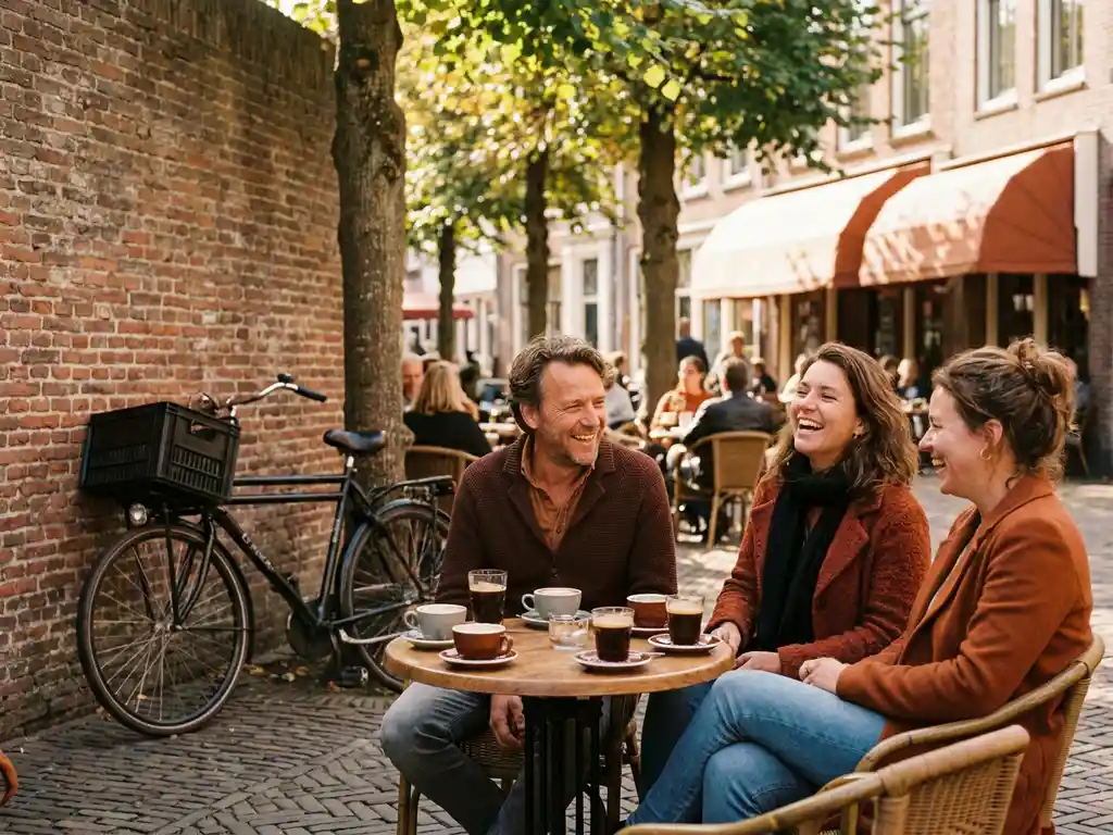 Friends laughing over coffee on a sunlit Dutch café terrace, classic bicycle leaning against brick wall, warm afternoon light through linden trees.