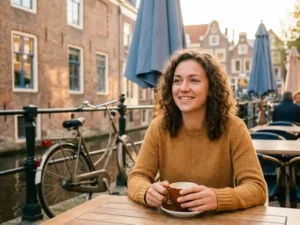 Young woman enjoying coffee at a sunlit Amsterdam café terrace, bicycle against brick wall, canal reflections in warm golden afternoon light.