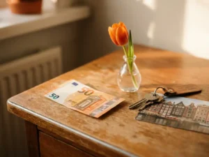 Dutch euro banknote on a wooden desk beside an orange tulip in a glass vase, house keys, and a canal-view postcard in warm afternoon light.