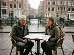 Dutch local and expat sharing a candid moment at an Amsterdam canal-side café terrace, Dutch newspaper on table, cobblestone street behind.