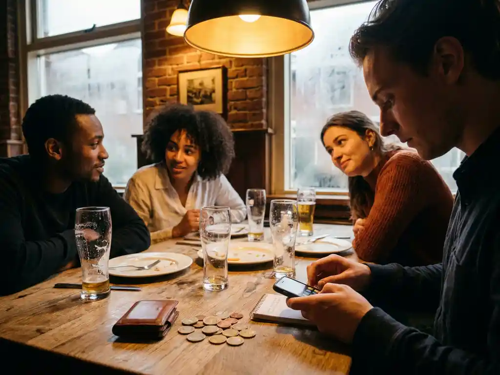 Expats splitting a restaurant bill at a Dutch café, one person counting coins while others exchange surprised glances over candlelit beer glasses.