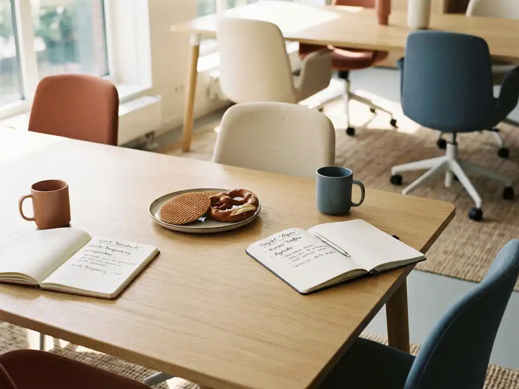 Dutch stroopwafel and German pretzel beside open notebooks with different meeting annotations on a shared office table in warm natural light.