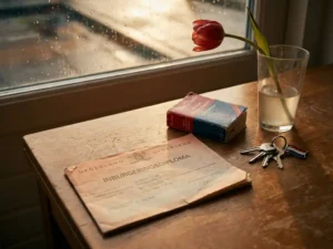 Worn Dutch integration document on oak desk beside a Dutch-English dictionary, house keys, and tulip in water glass, afternoon light through rain-flecked window.