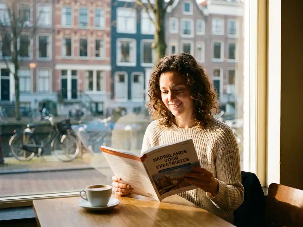 Expat woman studying a Dutch language workbook at a sunlit café table with Amsterdam canal and brick row houses visible through the window.