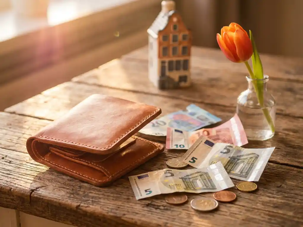 Open Dutch leather wallet with euro banknotes and coins beside a tulip in a glass vase, canal house figurine softly blurred in background.