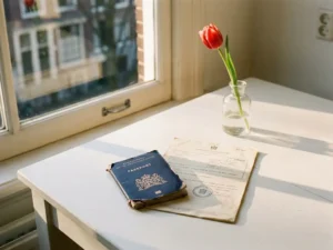 Dutch passport and tax document on a white desk beside a red tulip in a glass vase, warm afternoon light casting canal-house shadows.