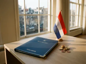 Dutch tax document folder on a modern desk beside a small Dutch flag and euro coins, with a blurred Amsterdam cityscape in the background.