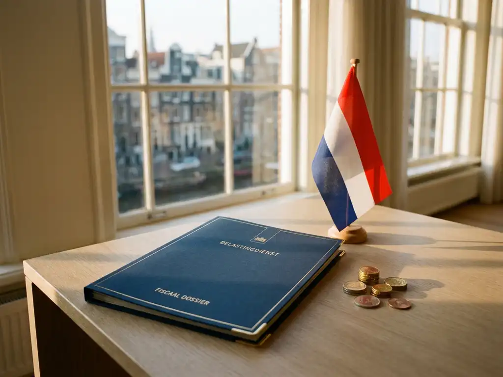 Dutch tax document folder on a modern desk beside a small Dutch flag and euro coins, with a blurred Amsterdam cityscape in the background.
