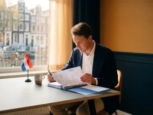 Expat professional reviewing Dutch tax documents at a modern desk with a small Dutch flag and coffee mug, canal view in warm afternoon light.