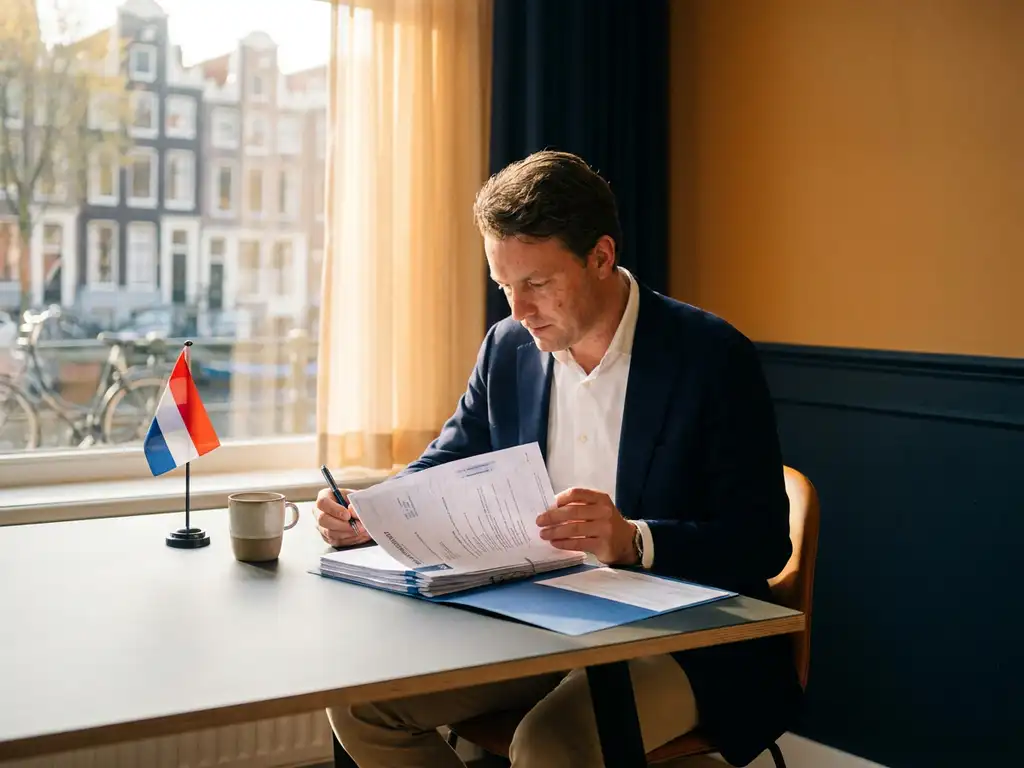 Expat professional reviewing Dutch tax documents at a modern desk with a small Dutch flag and coffee mug, canal view in warm afternoon light.