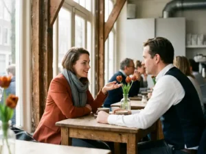 Dutch woman speaking directly to a colleague at a wooden café table in Amsterdam, tulips in a glass vase, warm natural light