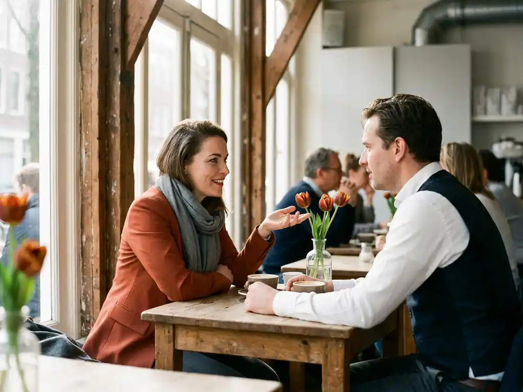Dutch woman speaking directly to a colleague at a wooden café table in Amsterdam, tulips in a glass vase, warm natural light