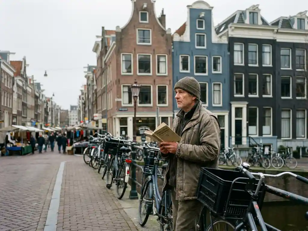 Expat on Amsterdam canal bridge holding a Dutch-English phrase book, with bicycles, gabled row houses, and a local market in soft overcast light.