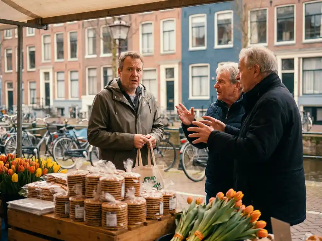 Puzzled expat at a Dutch street market stall with stroopwafels and tulips, locals in animated conversation, canal houses and bicycles in background.