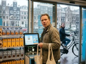Bewildered expat at a Dutch Albert Heijn self-checkout, reusable bags in hand, canal reflections visible through the storefront window.
