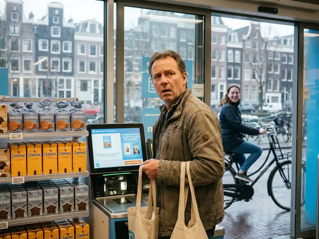 Bewildered expat at a Dutch Albert Heijn self-checkout, reusable bags in hand, canal reflections visible through the storefront window.