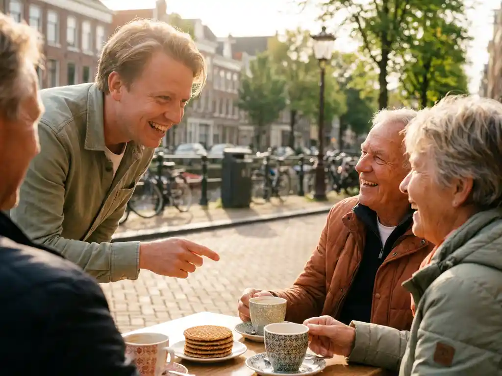 Expat and Dutch locals laughing over coffee and stroopwafels at a canal-side Amsterdam café terrace in golden afternoon light.