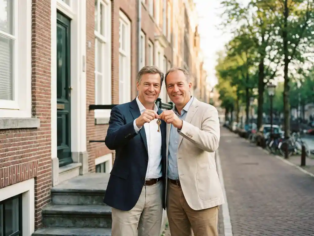 Expat couple holding a brass key at the entrance of a red brick Dutch canal house on a tree-lined Amsterdam street.