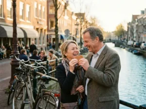 Expat couple sharing stroopwafels at a sunny Amsterdam canal-side café terrace with bicycles resting against an iron railing.