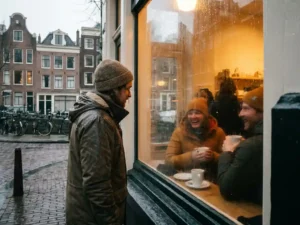 Expat standing alone outside a rainy Amsterdam café, watching locals socialize inside through a rain-streaked window, warm golden light contrasting grey street.