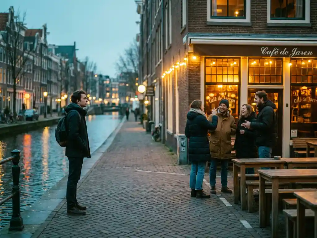 Expat standing apart on a cobblestone Dutch canal street watching locals laugh outside a warmly lit brown café at twilight.