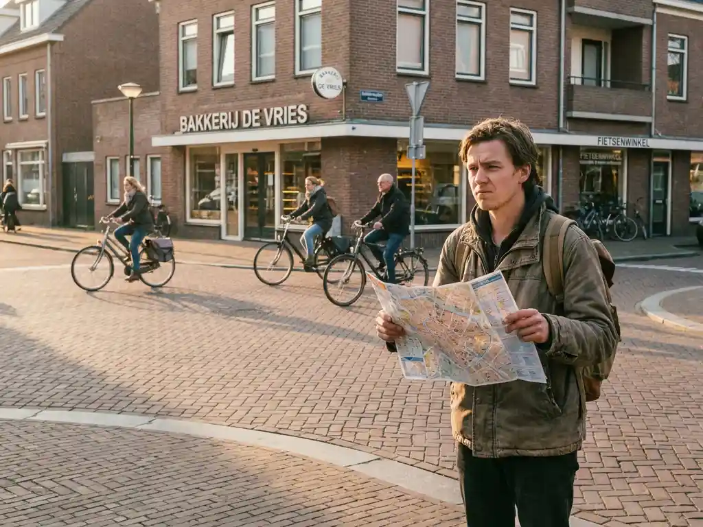 Expat holding a city map at an Eindhoven street corner, surrounded by Dutch shop signs and cyclists on brick-paved streets.