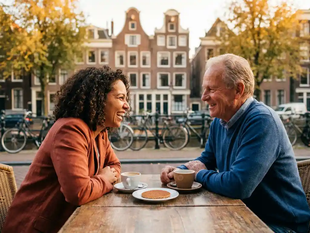Expat woman and Dutch local sharing coffee and a stroopwafel at a sunlit Amsterdam café terrace with bicycles and brick architecture behind them.