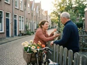 Expat woman chatting with a Dutch neighbor over a garden fence, narrow brick canal houses and a flower-filled bicycle basket in the background.