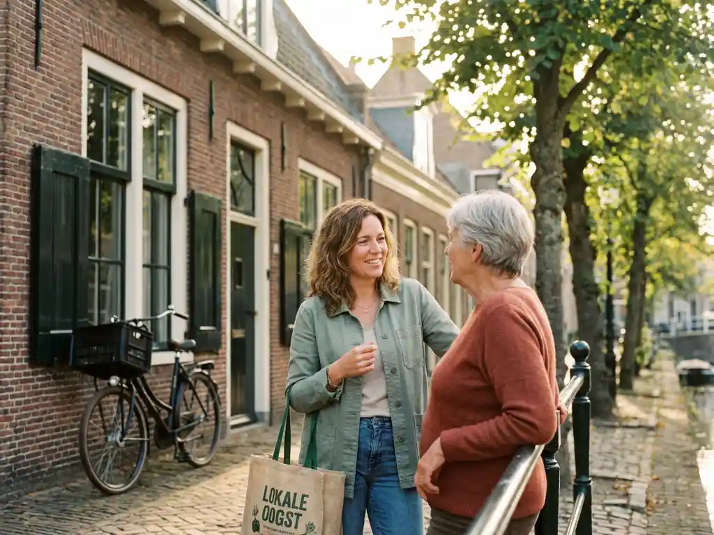 Expat woman chatting with a Dutch neighbor outside a brick canal-side townhouse, bicycle and reusable bag nearby, warm afternoon light.