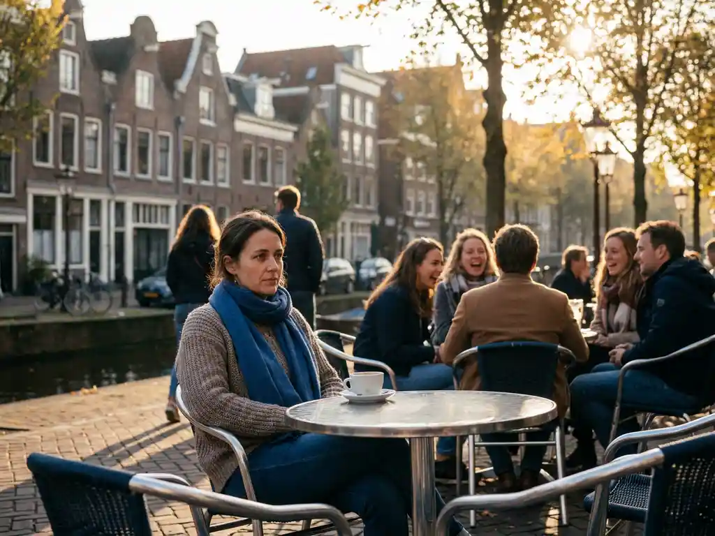 Expat woman sitting alone at a Dutch canal café terrace, looking thoughtful amid lively local conversations, brick row houses in the background.